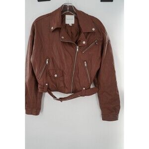 Avec Les Filles Women's Size XS Brown Faux Leather Moto Belted Biker Jacket